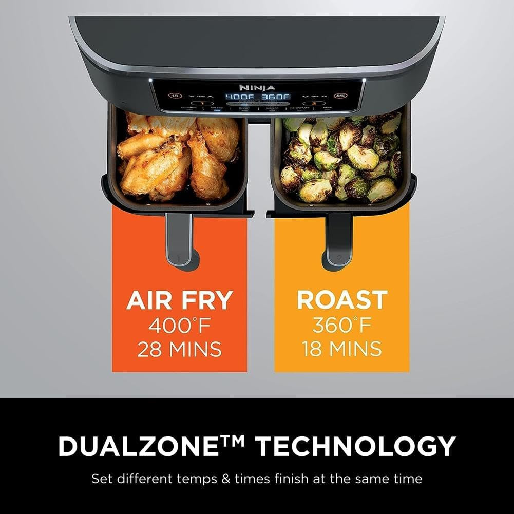 DZ201 Foodi 8 Quart 6-In-1 Dualzone 2-Basket Air Fryer with 2 Independent Frying Baskets, Match Cook & Smart Finish to Roast, Broil, Dehydrate & More for Quick, Easy Meals, Grey