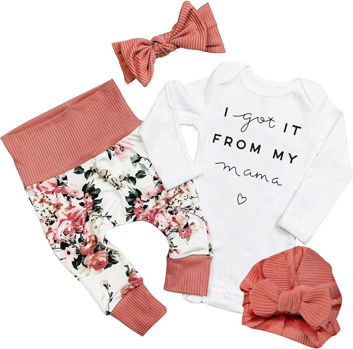 Baby Girl Clothes, Newborn Girl Letter Print Romper Tops +Cute Pants +Hat +Headband 4PCS Spring Summer Outfits Set