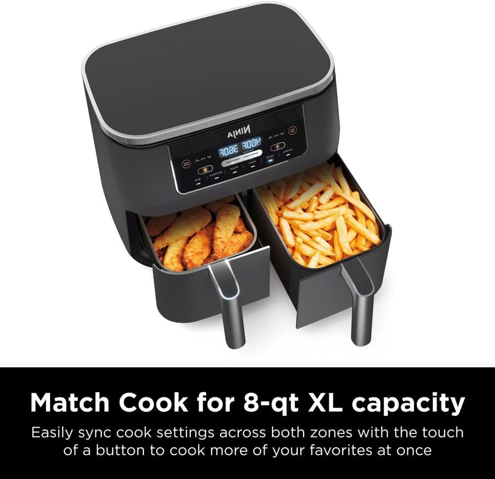 DZ201 Foodi 8 Quart 6-In-1 Dualzone 2-Basket Air Fryer with 2 Independent Frying Baskets, Match Cook & Smart Finish to Roast, Broil, Dehydrate & More for Quick, Easy Meals, Grey