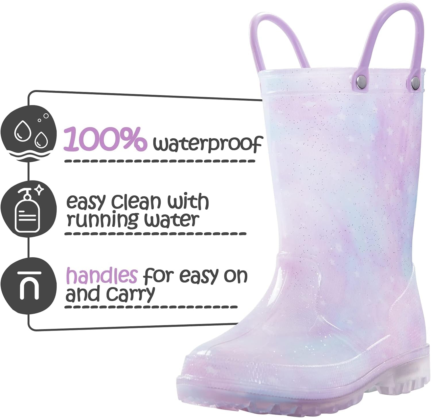 Toddler Light up Rain Boots for Girls Boys Patterns and Glitter Waterproof Rain Boots with Handles Outdoors