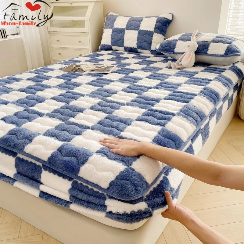 Arctic Velvet Mattress Cover Pad Checkerboard Series Soybean Antibacterial Cotton Fitted Sheet Double Bed Dust Mite Queen Size