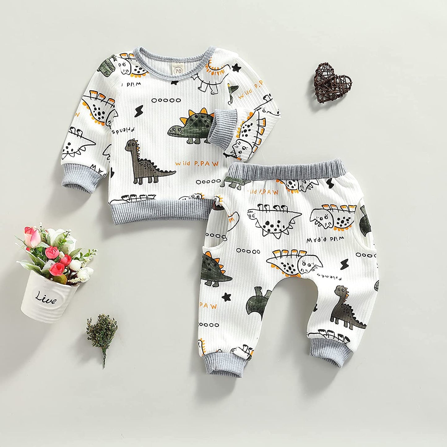 Newborn Infant Baby Boy Clothes Dinosaur Animal Gender Neutral Long Sleeve Sweatshirts Fall Winter Pants Outfits