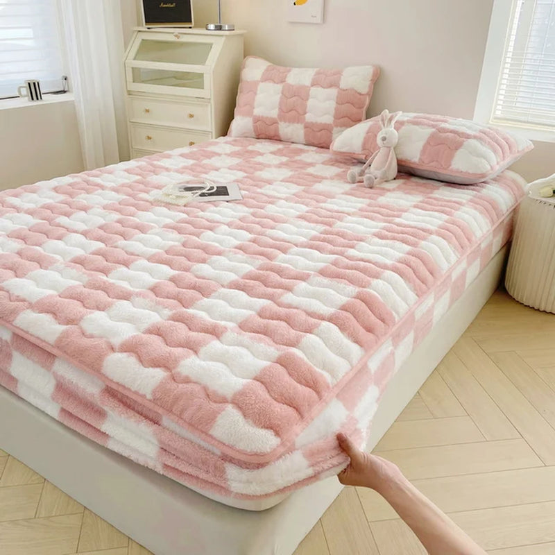 Arctic Velvet Mattress Cover Pad Checkerboard Series Soybean Antibacterial Cotton Fitted Sheet Double Bed Dust Mite Queen Size