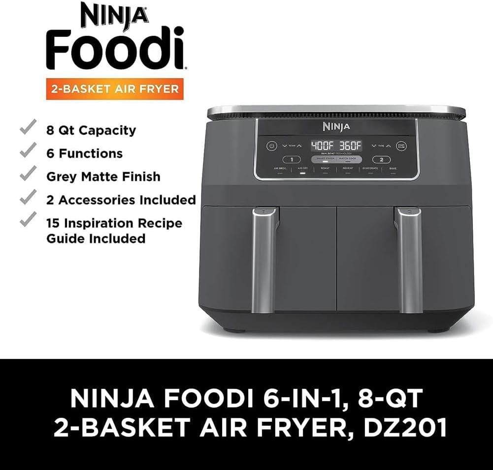 DZ201 Foodi 8 Quart 6-In-1 Dualzone 2-Basket Air Fryer with 2 Independent Frying Baskets, Match Cook & Smart Finish to Roast, Broil, Dehydrate & More for Quick, Easy Meals, Grey