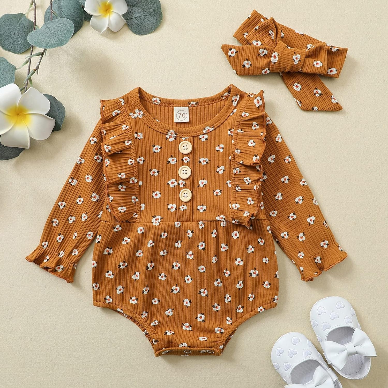 2Pcs Infant Baby Girls Romper Headband 0-24M Ruffles Long Sleeve off Shoulder Flowers Printed Jumpsuit Clothes (Khaki, 6-12 Months)