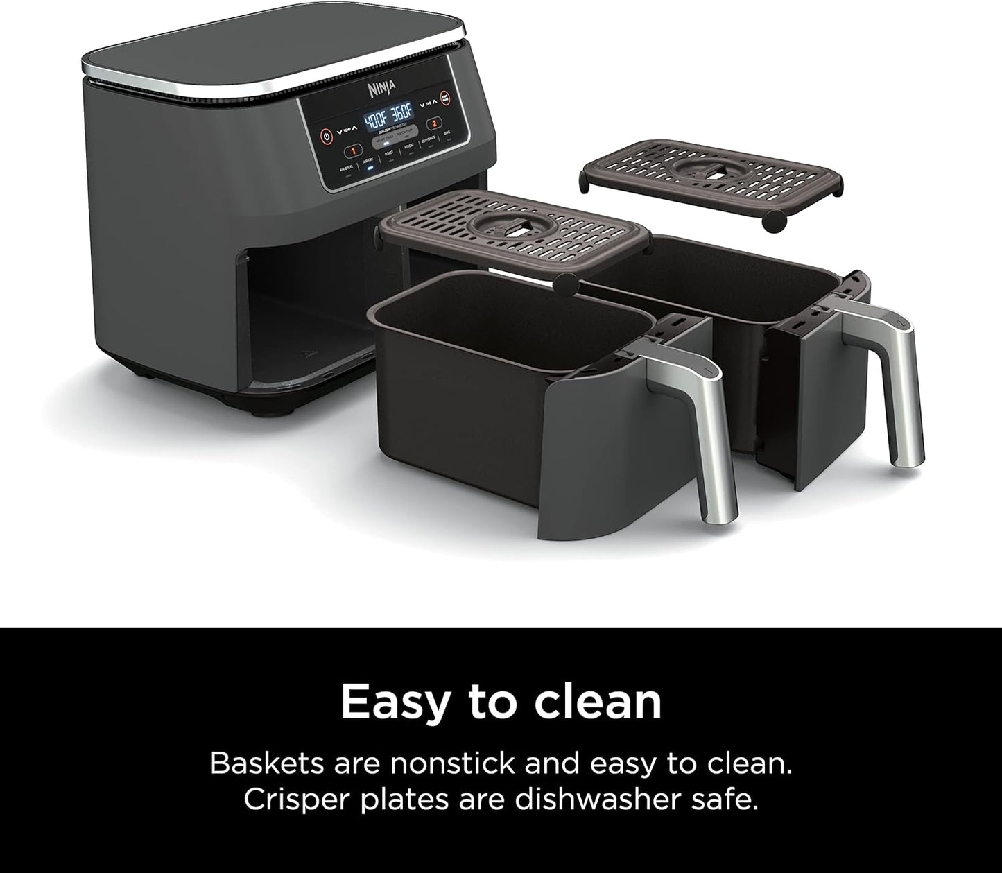 DZ201 Foodi 8 Quart 6-In-1 Dualzone 2-Basket Air Fryer with 2 Independent Frying Baskets, Match Cook & Smart Finish to Roast, Broil, Dehydrate & More for Quick, Easy Meals, Grey