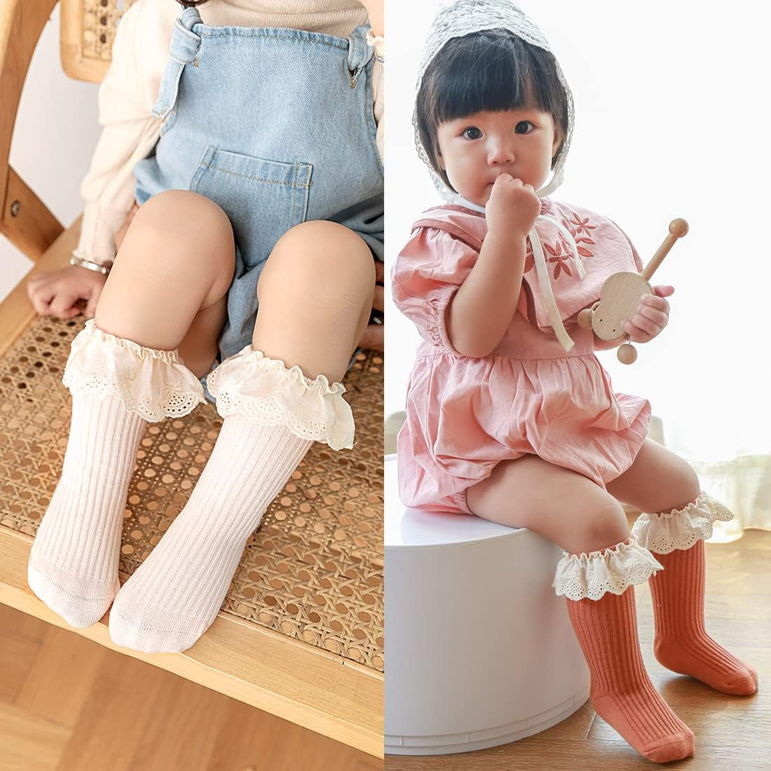 Infant Frilly Baby Girls Knee High Socks Newborn Thigh Lace Ruffle Long Socks Toddler Tights Stockings 6-12 Months