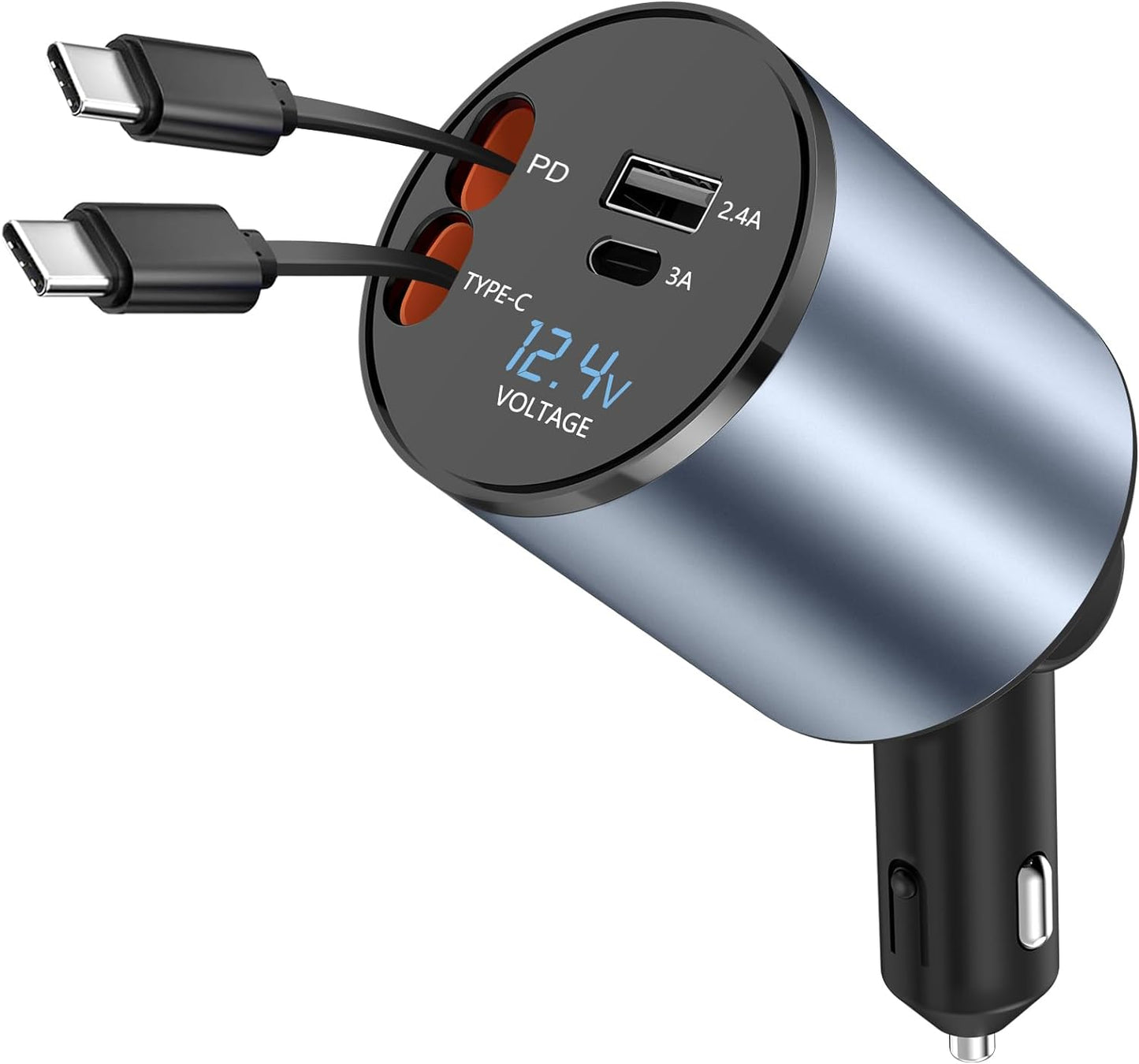 4-in-1 Car Charger: Fast charges (100W), retracts for easy storage. Dual cables & USB ports.