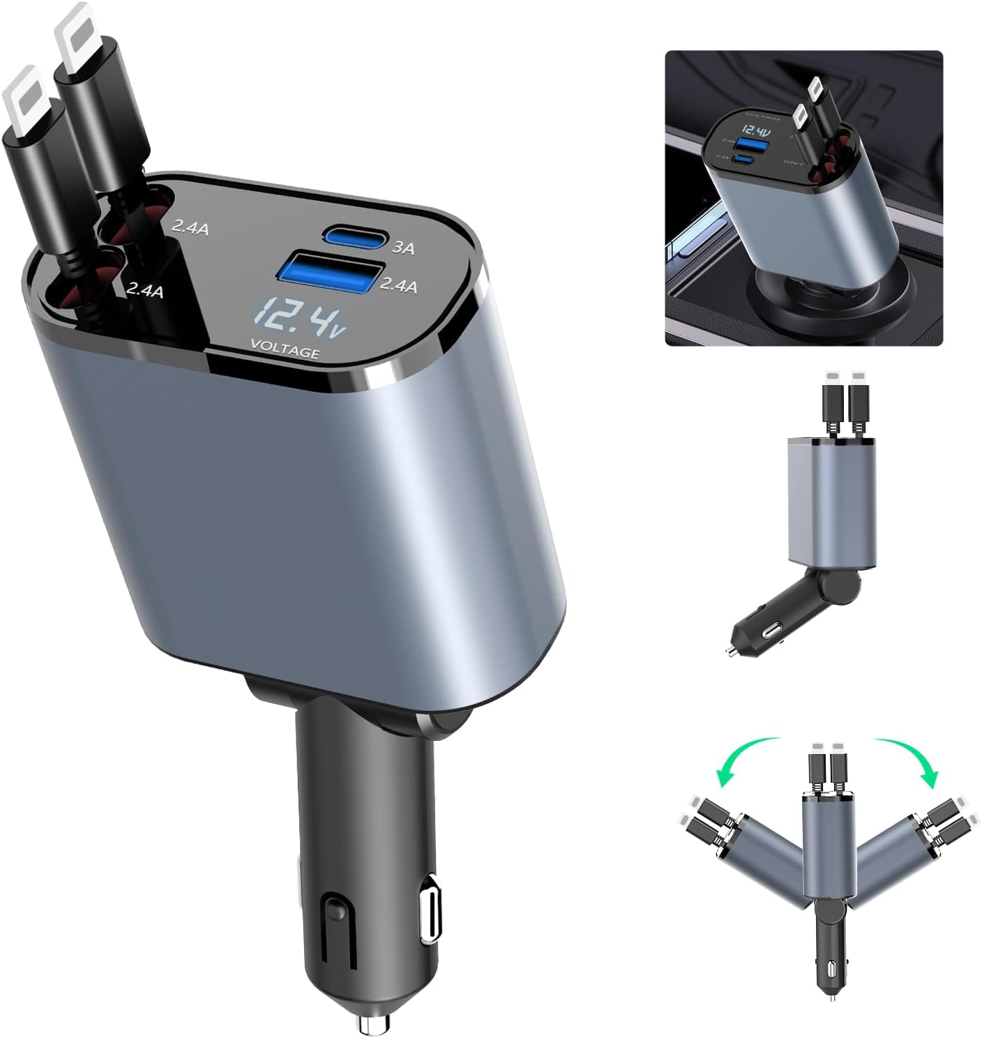 4-in-1 Car Charger: Fast charges (100W), retracts for easy storage. Dual cables & USB ports.