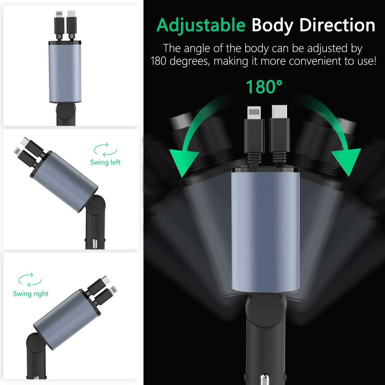 4-in-1 Car Charger: Fast charges (100W), retracts for easy storage. Dual cables & USB ports.