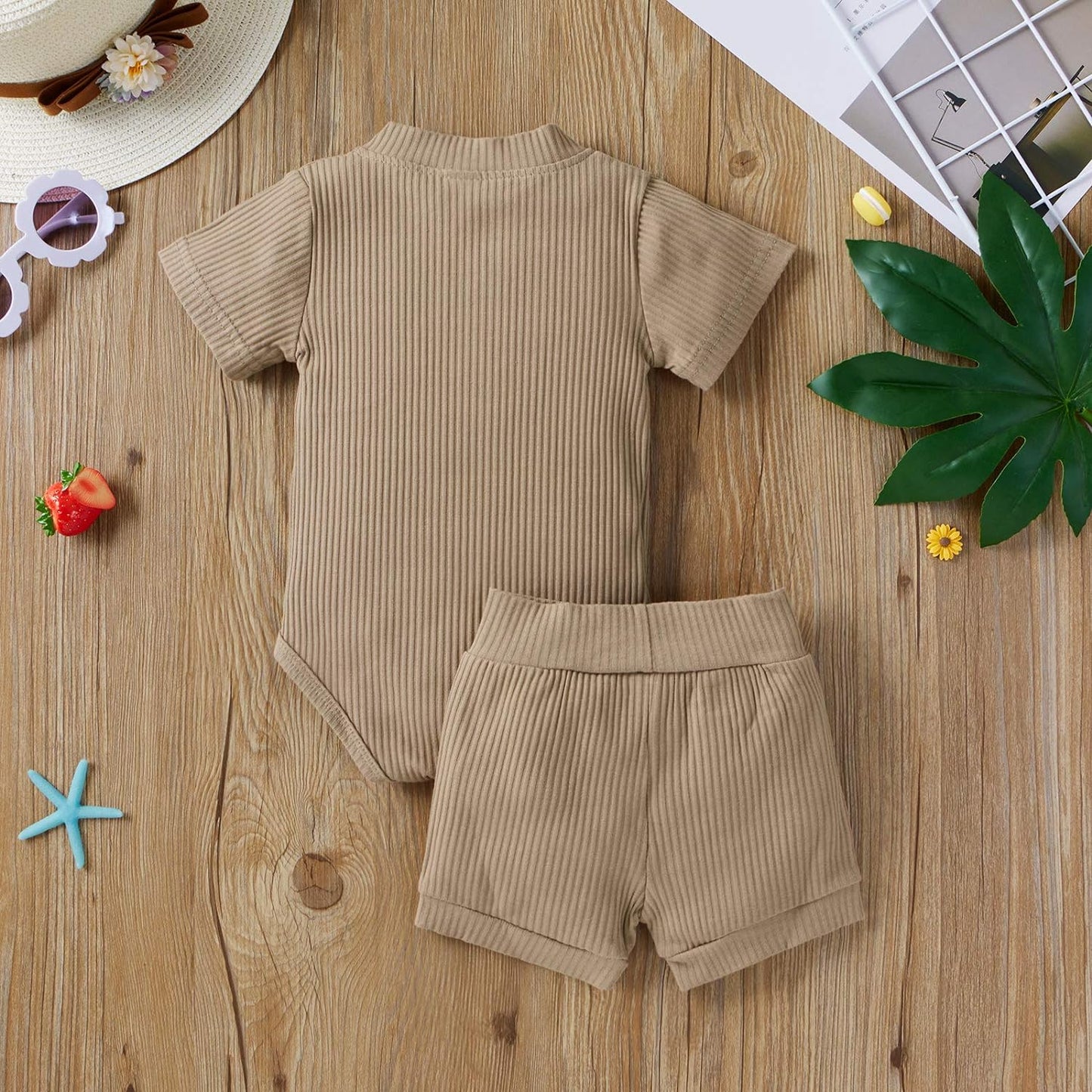 Summer Newborn Baby Boy Girl Clothes Set Ribbed Outfits Unisex Infant Solid Short Sleeve Tops Shorts 2PCS