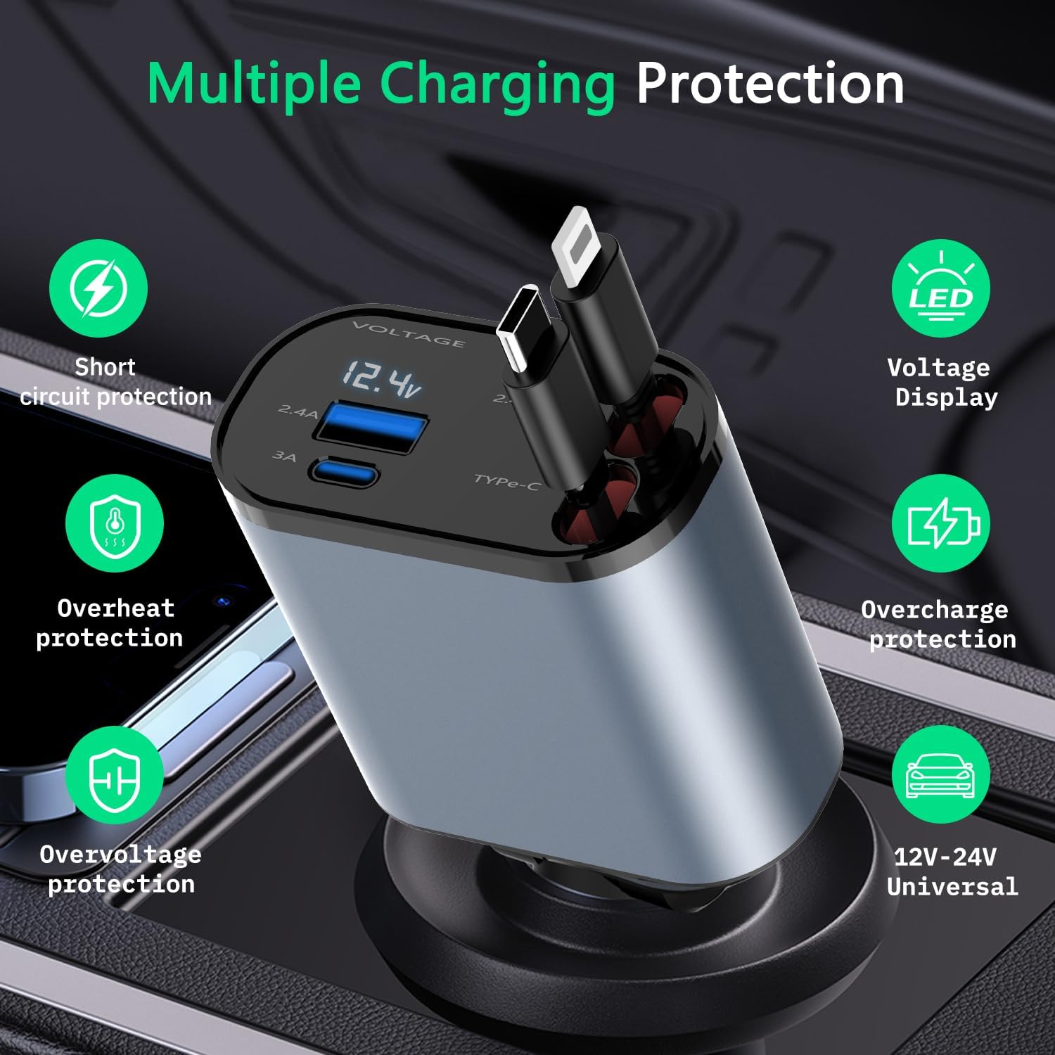 4-in-1 Car Charger: Fast charges (100W), retracts for easy storage. Dual cables & USB ports.