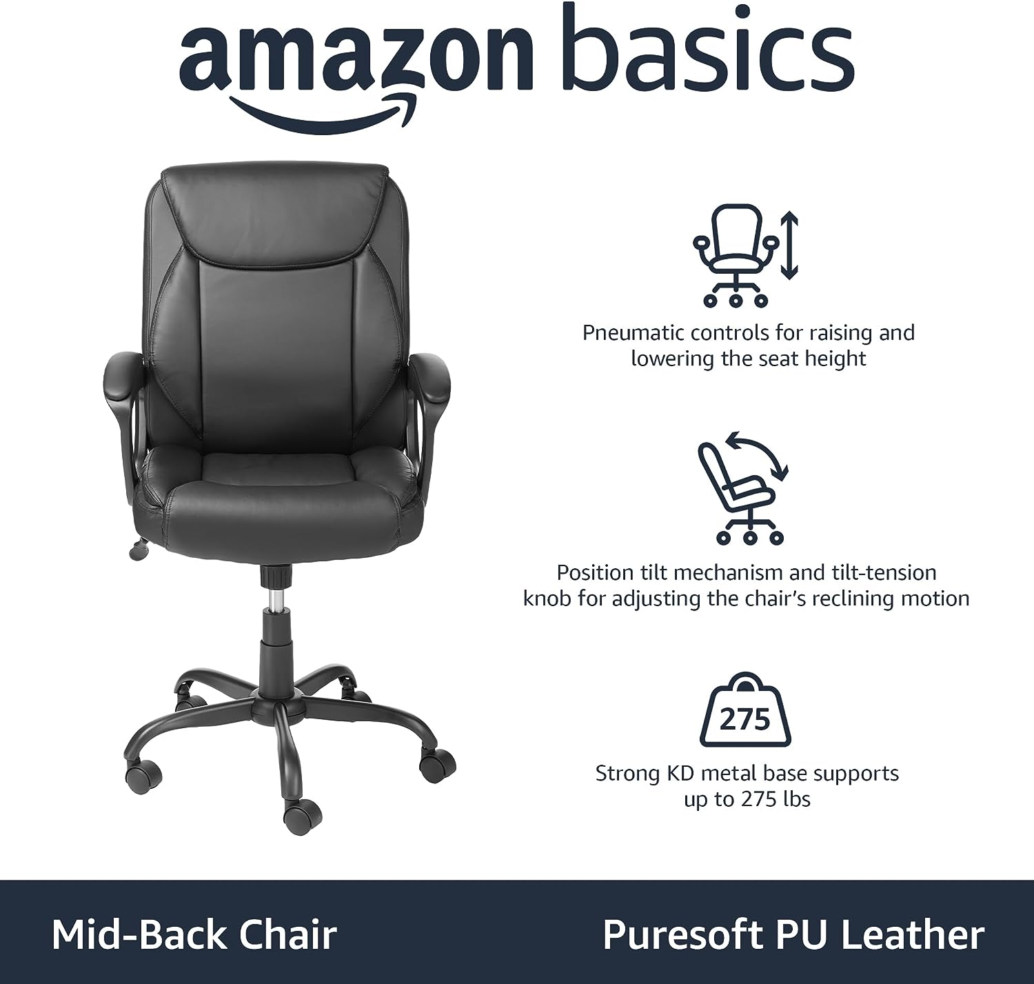 Classic Puresoft PU Padded Mid-Back Office Computer Desk Chair with Armrest, 26"D X 23.75"W X 42"H, Black