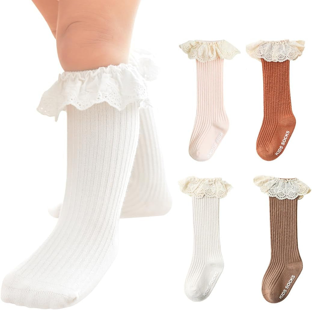 Infant Frilly Baby Girls Knee High Socks Newborn Thigh Lace Ruffle Long Socks Toddler Tights Stockings 6-12 Months