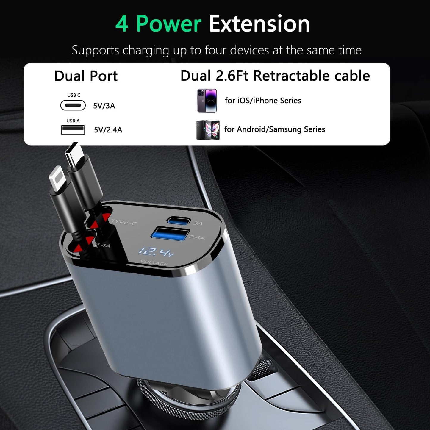 4-in-1 Car Charger: Fast charges (100W), retracts for easy storage. Dual cables & USB ports.