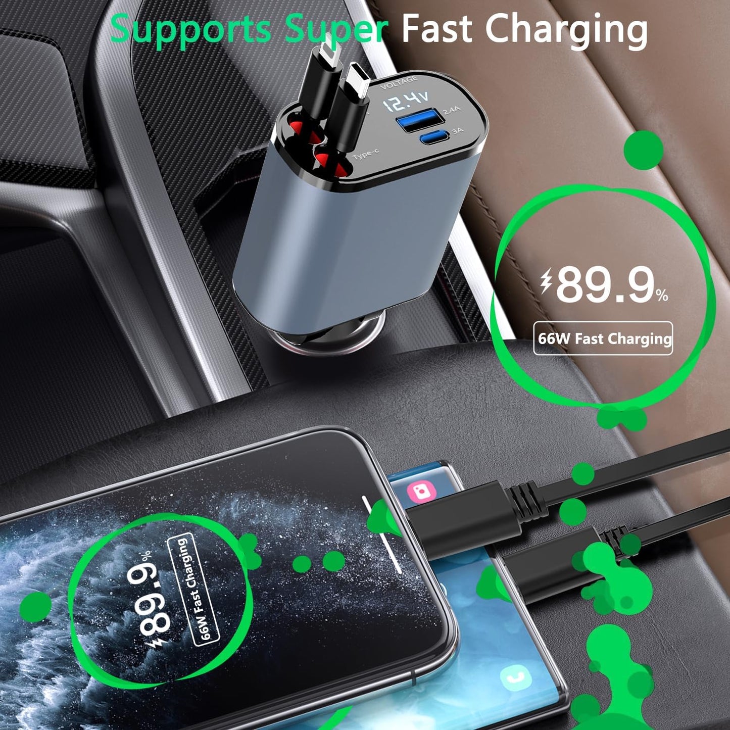 4-in-1 Car Charger: Fast charges (100W), retracts for easy storage. Dual cables & USB ports.