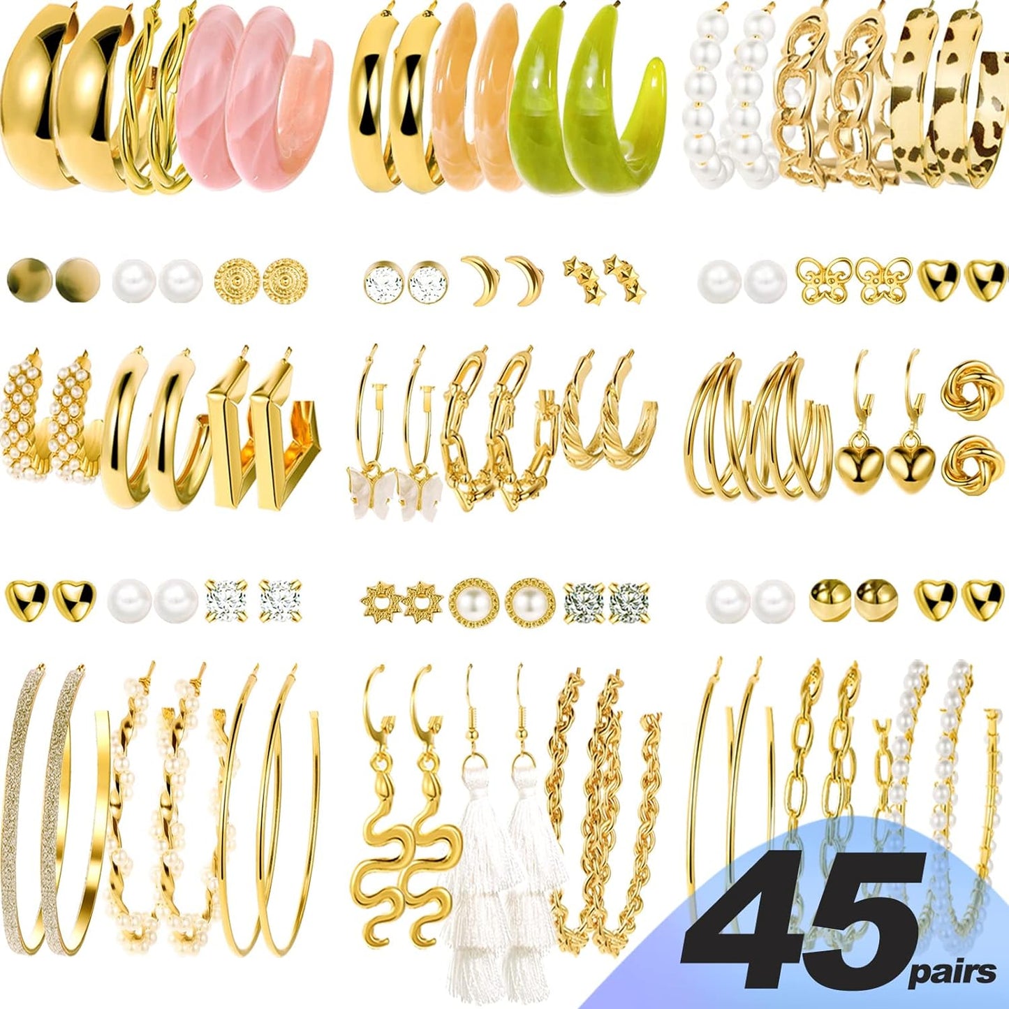 45 Pairs Gold Hoop Earrings for Girls Women, Chunky Twisted Small Big Hoops Earring Packs Set, Earrings for Women Multipack, Fashion Trendy Earrings Jewelry for Birthday Party Christmas Gift