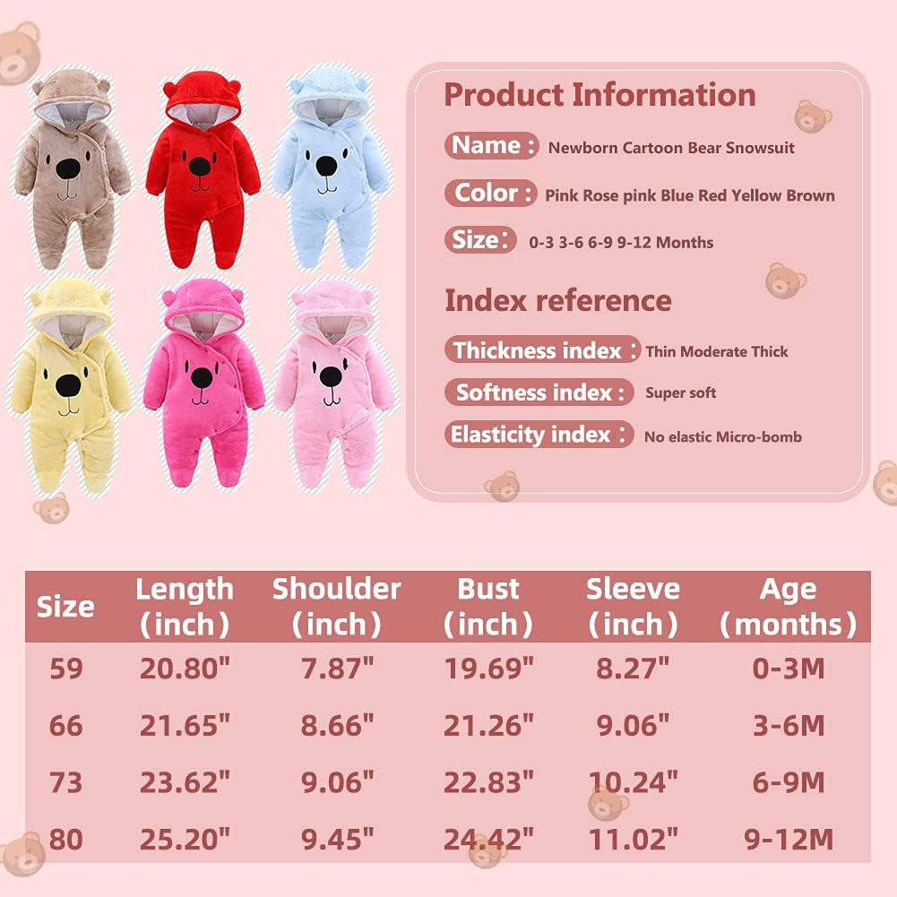 Baby Newborn Snowsuit Winter Hooded Footie Fleece Jumpsuit for Infant Girls Boys