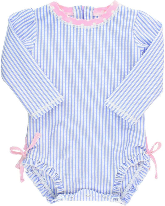 Baby/Toddler Girls Seersucker Long Sleeve One Piece Rash Guard Swimsuit with UPF 50+ Sun Protection