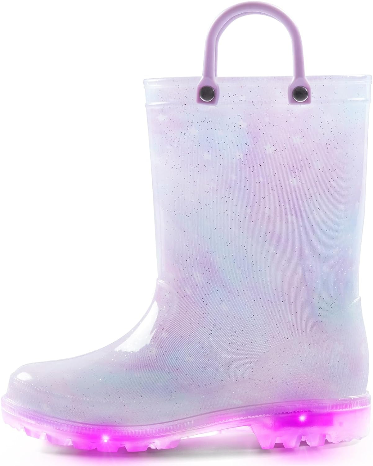 Toddler Light up Rain Boots for Girls Boys Patterns and Glitter Waterproof Rain Boots with Handles Outdoors