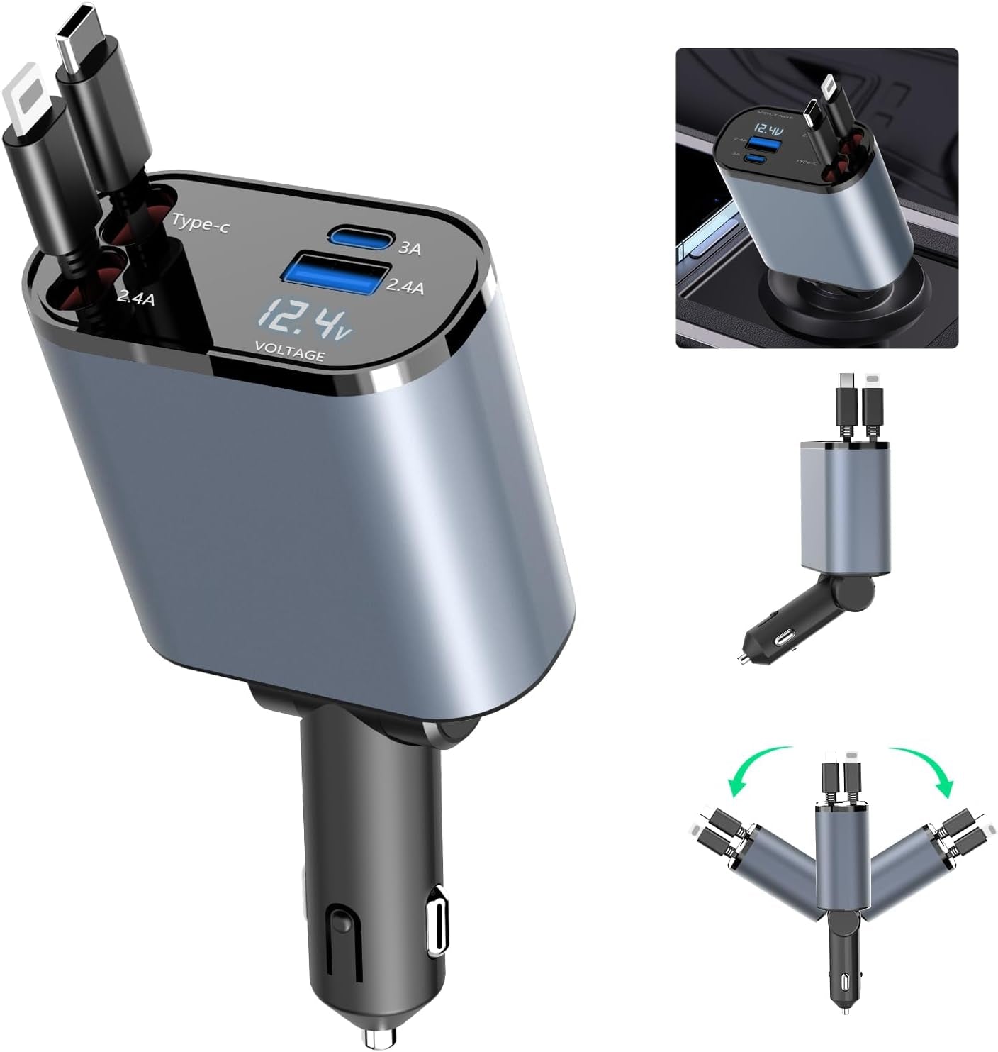 4-in-1 Car Charger: Fast charges (100W), retracts for easy storage. Dual cables & USB ports.