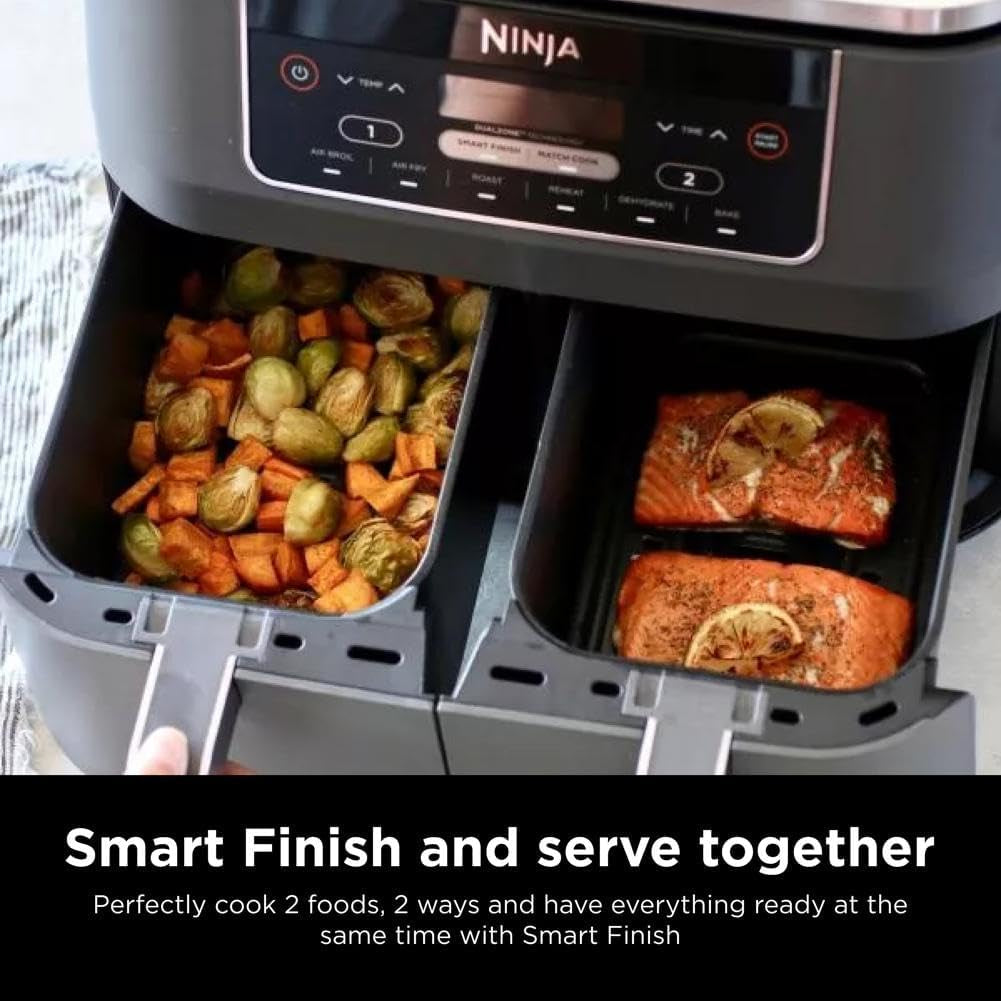 DZ201 Foodi 8 Quart 6-In-1 Dualzone 2-Basket Air Fryer with 2 Independent Frying Baskets, Match Cook & Smart Finish to Roast, Broil, Dehydrate & More for Quick, Easy Meals, Grey