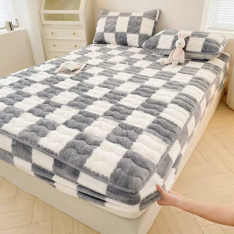 Arctic Velvet Mattress Cover Pad Checkerboard Series Soybean Antibacterial Cotton Fitted Sheet Double Bed Dust Mite Queen Size