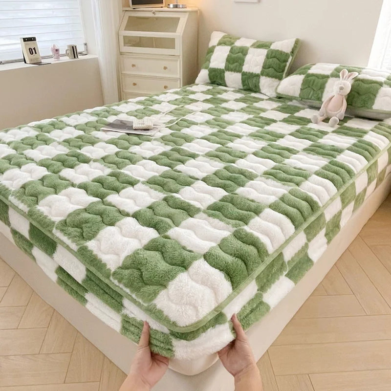 Arctic Velvet Mattress Cover Pad Checkerboard Series Soybean Antibacterial Cotton Fitted Sheet Double Bed Dust Mite Queen Size