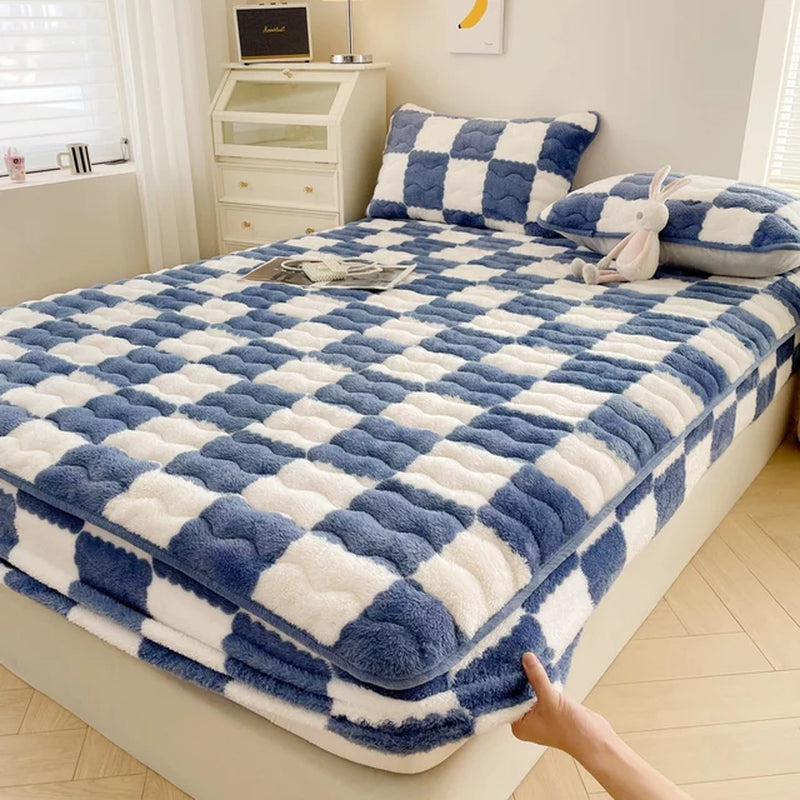 Arctic Velvet Mattress Cover Pad Checkerboard Series Soybean Antibacterial Cotton Fitted Sheet Double Bed Dust Mite Queen Size