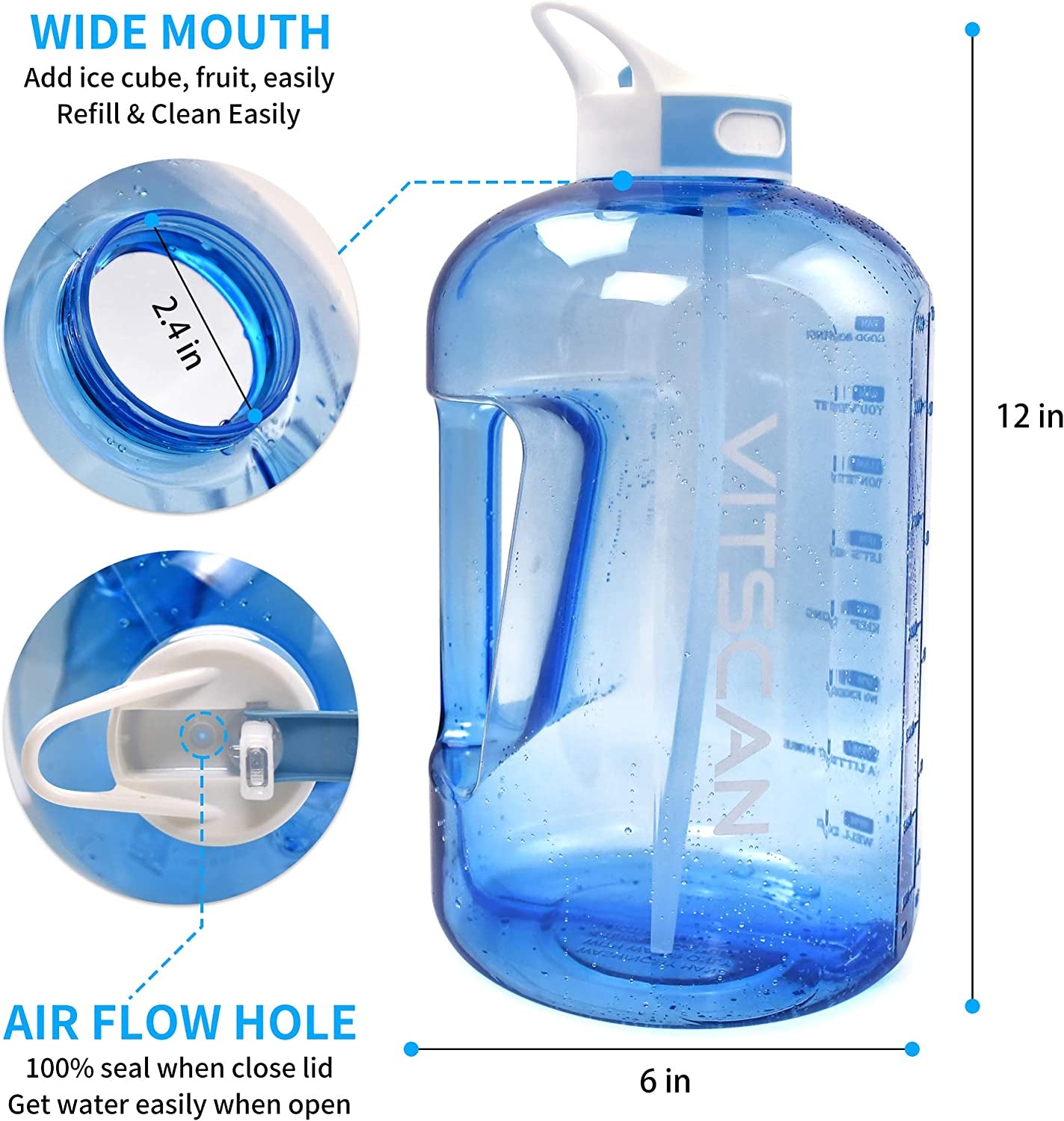 128OZ/1 Gallon Water Bottle with Straw Motivational Water Bottle with Time Marker, Large Water Bottle 128 Oz Water Bottle, Big Water Jug for Sports Water Bottles, Two Handles BPA Free (Blue)