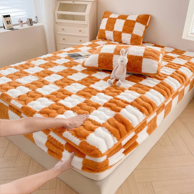 Arctic Velvet Mattress Cover Pad Checkerboard Series Soybean Antibacterial Cotton Fitted Sheet Double Bed Dust Mite Queen Size