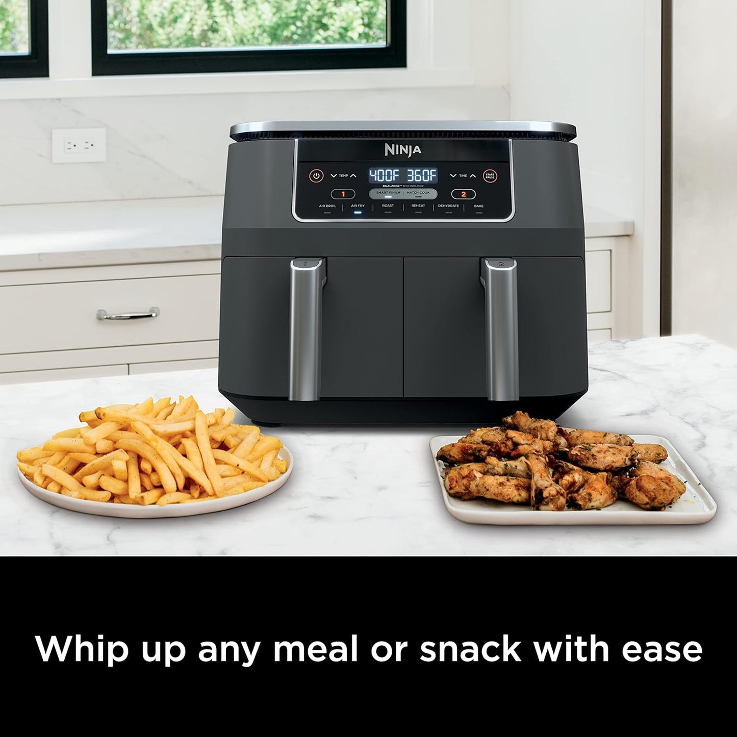 DZ201 Foodi 8 Quart 6-In-1 Dualzone 2-Basket Air Fryer with 2 Independent Frying Baskets, Match Cook & Smart Finish to Roast, Broil, Dehydrate & More for Quick, Easy Meals, Grey