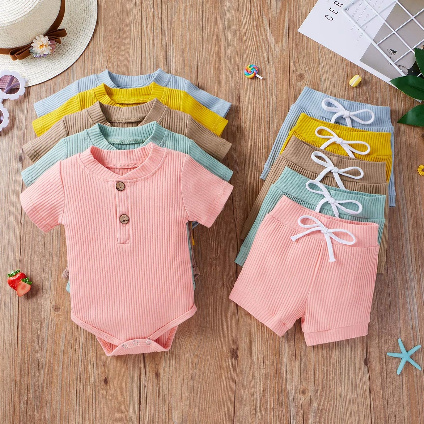 Summer Newborn Baby Boy Girl Clothes Set Ribbed Outfits Unisex Infant Solid Short Sleeve Tops Shorts 2PCS