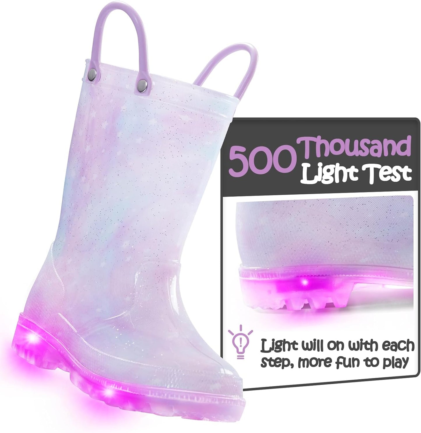 Toddler Light up Rain Boots for Girls Boys Patterns and Glitter Waterproof Rain Boots with Handles Outdoors