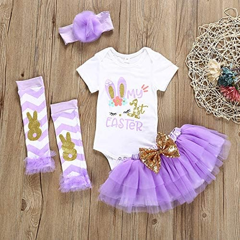 Baby Girl Easter Outfits Newborn My 1St Easter Outfits Rabbit Bodysuit with Tutu Skirt with Bunny Headband with Leg Warmers