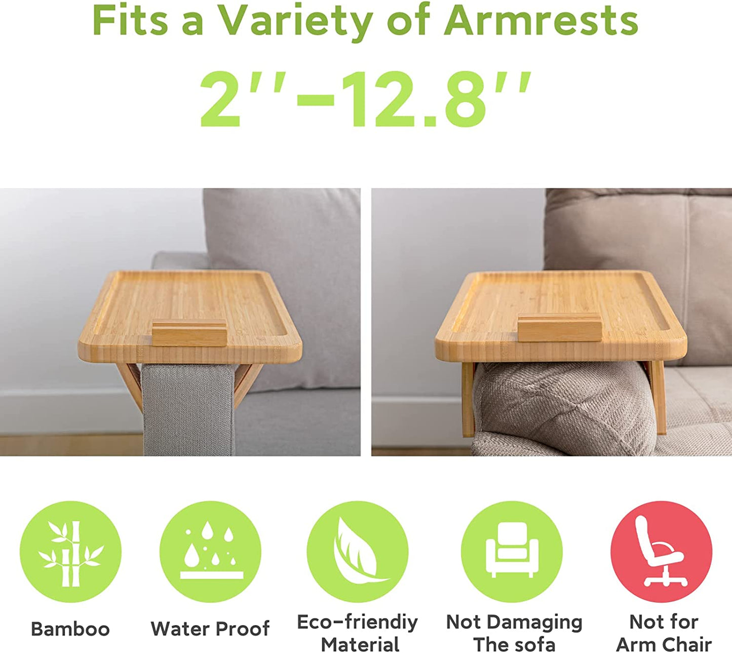 Bamboo Sofa Tray Table Clip on Side Table for Wide Couches Arm, Foldable Couch Tray with 360° Rotating Phone Holder, Armrest Table for Eating/Drinks/Snacks/Remote/Control