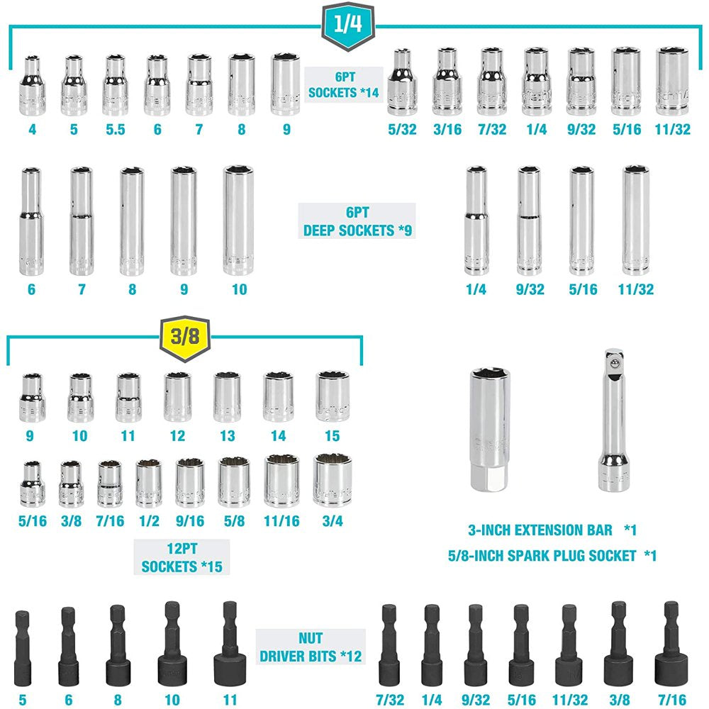 93 Piece Mechanics Tool Set, SAE/ Metric Drive Socket Set(1/4 Inch and 3/8 Inch) with Ratchet Handle Spark Plug Magnetic Bit Driver and Tool Accessories Set