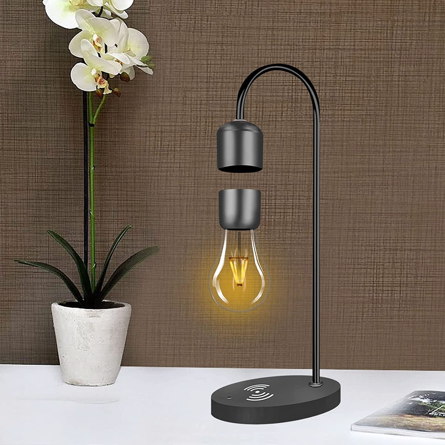 Magnetic Levitating Light Bulb Wooden Black Floating Levitation Lamp Magnetic Table LED Night Light Bedroom Decor Desk Toys Office Gift Home Decoration with Phone Wireless Charger