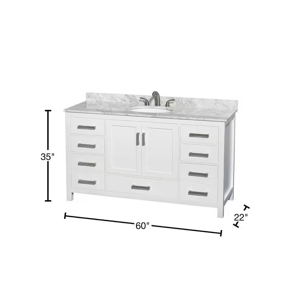 Sheffield 60 In. W X 22 In. D X 35 In. H Single Bath Vanity in White with White Carrara Marble Top