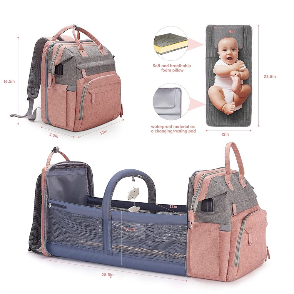 Baby Diaper Bag Backpack with Changing Station, Waterproof Changing Pad, USB Charging Port,Pacifier Case ,Pink Color