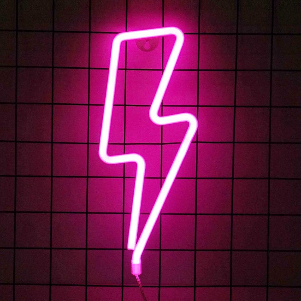 Lightning Neon Sign, Battery or USB Powered LED Night Light for Kids Room, Pink Bedroom Wall Decor for Festival, Party Decorations