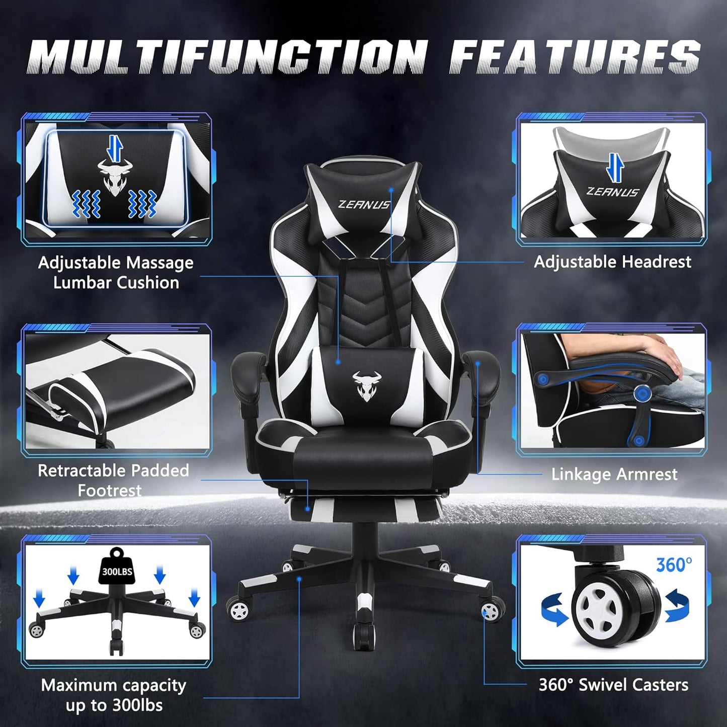 Gaming Chairs for Adults Black Recliner Computer Chair with Footrest Ergonomic PC Gaming Chair with Massage High Back Chair for Gaming Big and Tall Gamer Chair Large Computer Gaming Chair