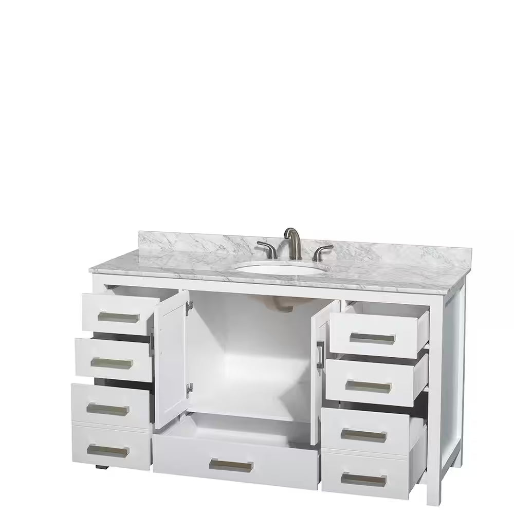 Sheffield 60 In. W X 22 In. D X 35 In. H Single Bath Vanity in White with White Carrara Marble Top