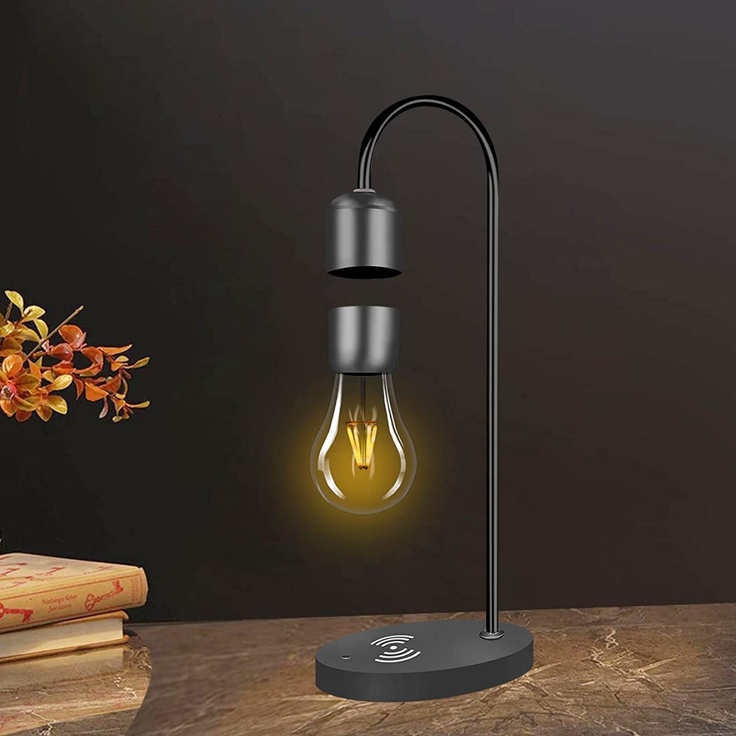 Magnetic Levitating Light Bulb Wooden Black Floating Levitation Lamp Magnetic Table LED Night Light Bedroom Decor Desk Toys Office Gift Home Decoration with Phone Wireless Charger