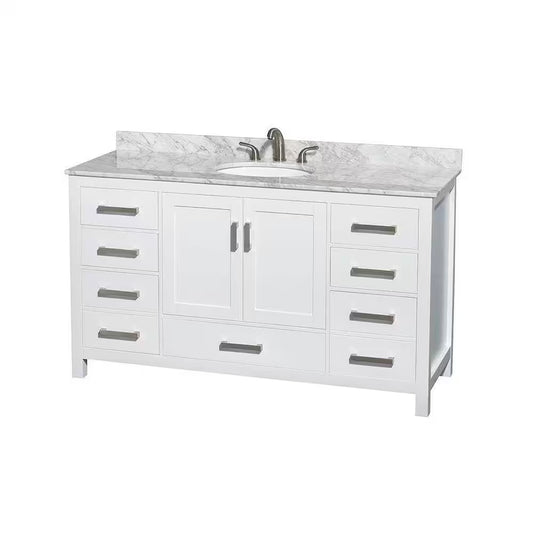 Sheffield 60 In. W X 22 In. D X 35 In. H Single Bath Vanity in White with White Carrara Marble Top