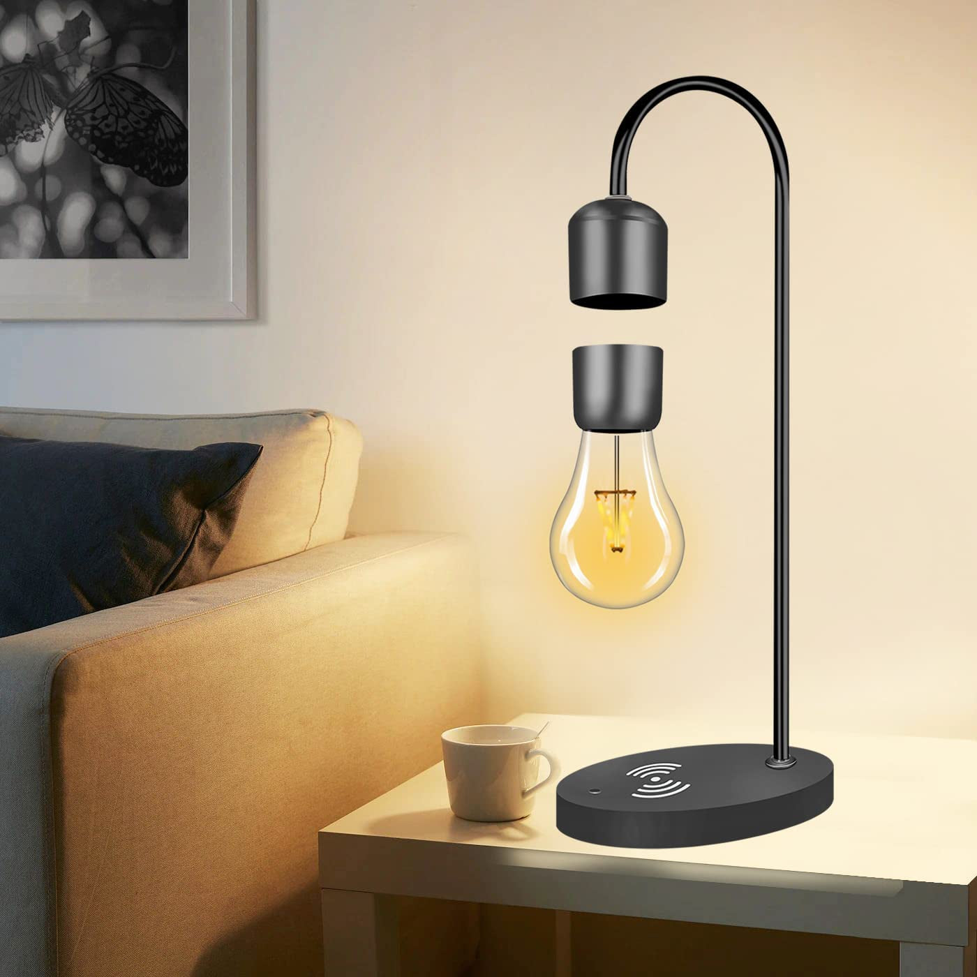 Magnetic Levitating Light Bulb Wooden Black Floating Levitation Lamp Magnetic Table LED Night Light Bedroom Decor Desk Toys Office Gift Home Decoration with Phone Wireless Charger