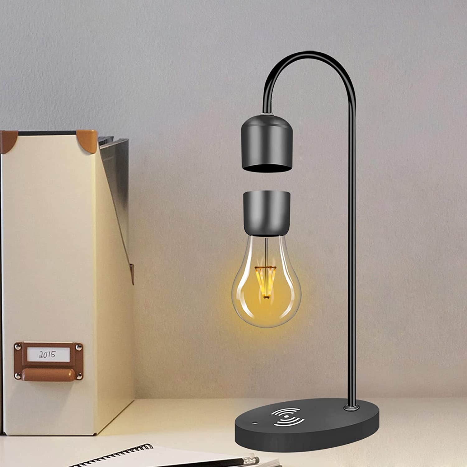 Magnetic Levitating Light Bulb Wooden Black Floating Levitation Lamp Magnetic Table LED Night Light Bedroom Decor Desk Toys Office Gift Home Decoration with Phone Wireless Charger