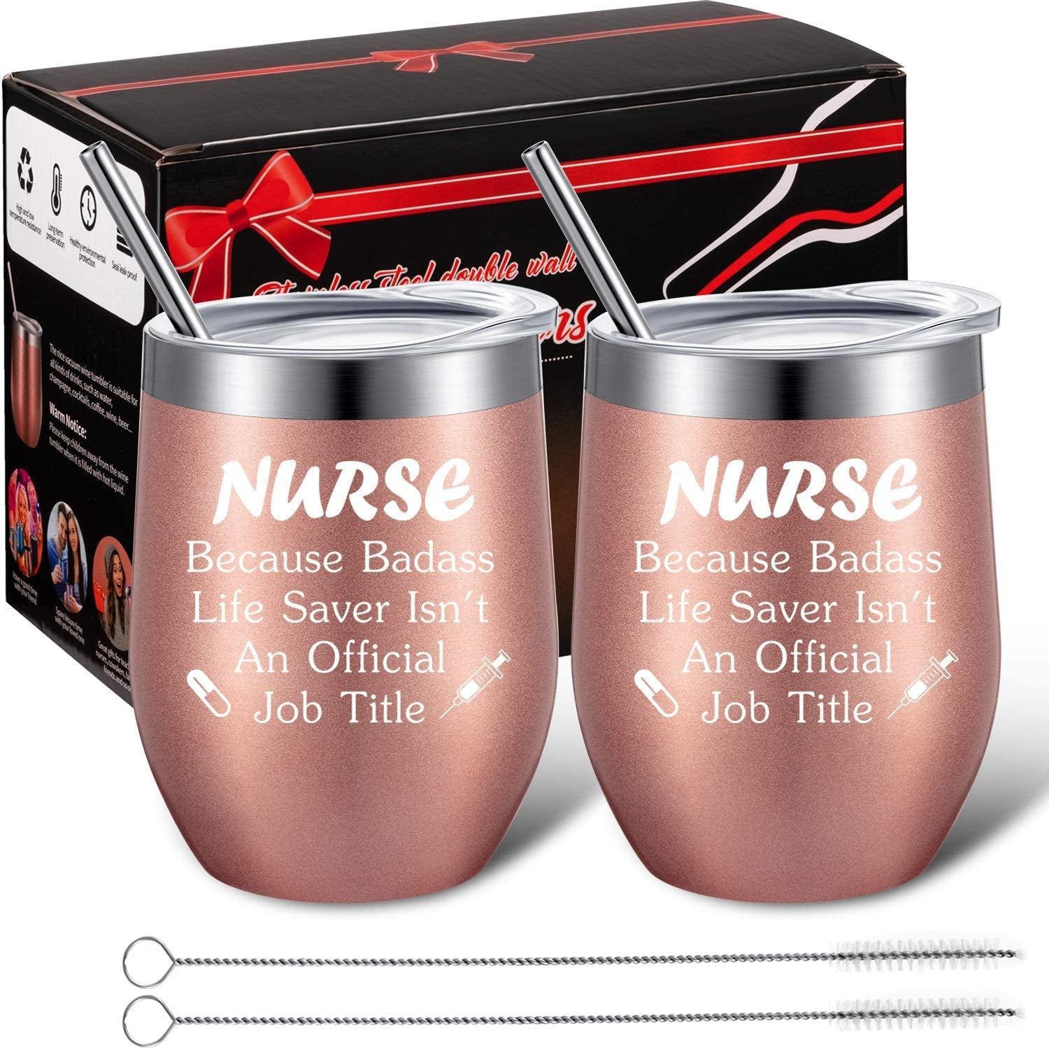 2 Pieces Nurse Gifts for Women 12 Oz Wine Tumbler Christmas Appreciation Nursing Graduation Funny Present with Straw and Brush for Nurse Practitioner, Nurse Student (Rose Gold)