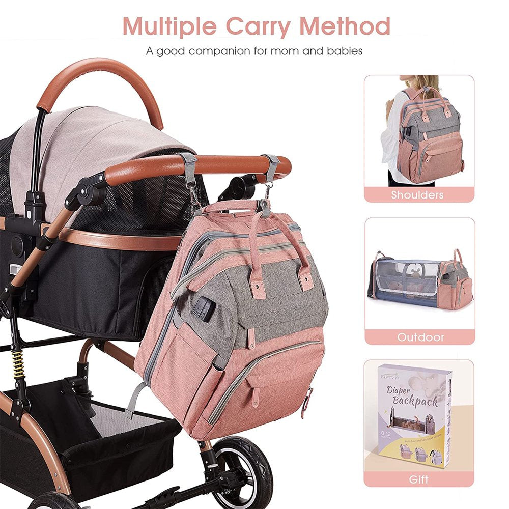 Baby Diaper Bag Backpack with Changing Station, Waterproof Changing Pad, USB Charging Port,Pacifier Case ,Pink Color