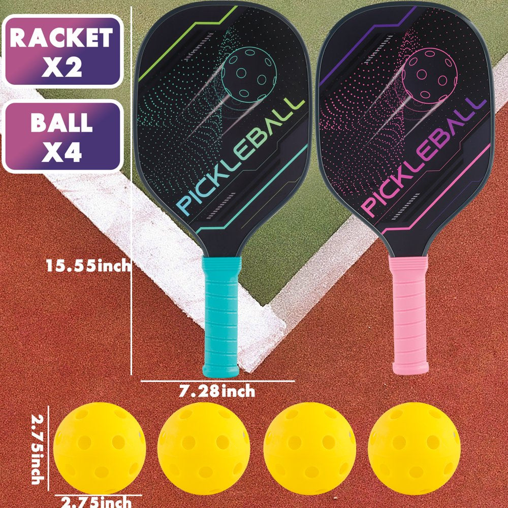 Pickleball Paddles Set Pickle Ball Paddle Set of 2 with 4 Pickleball Balls and Bag, Pickleball Rackets Gifts for Women Men Beginners